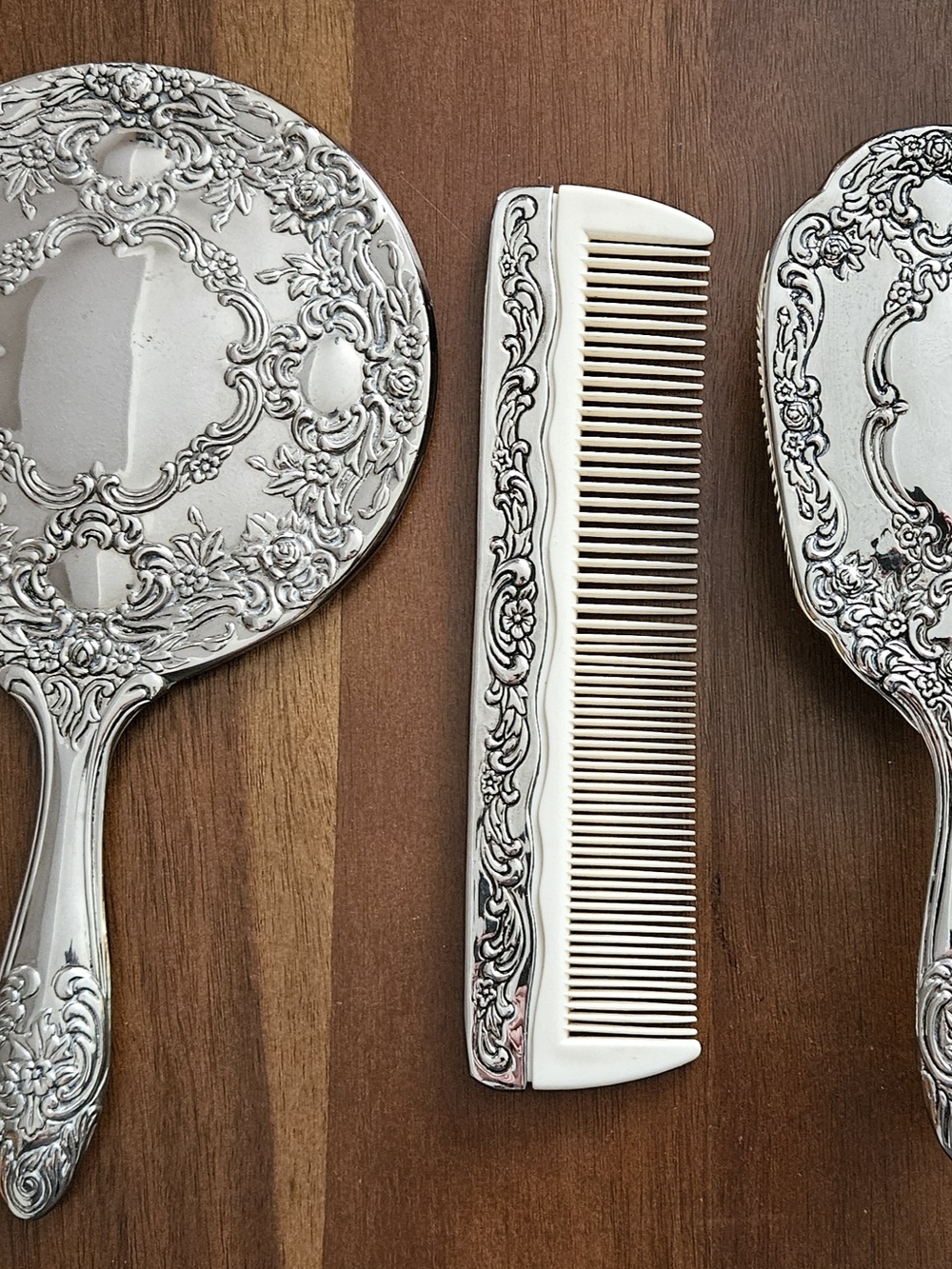 Vintage Silver Plated Vanity Set With Floral Motif - Mirror, Comb, Brush